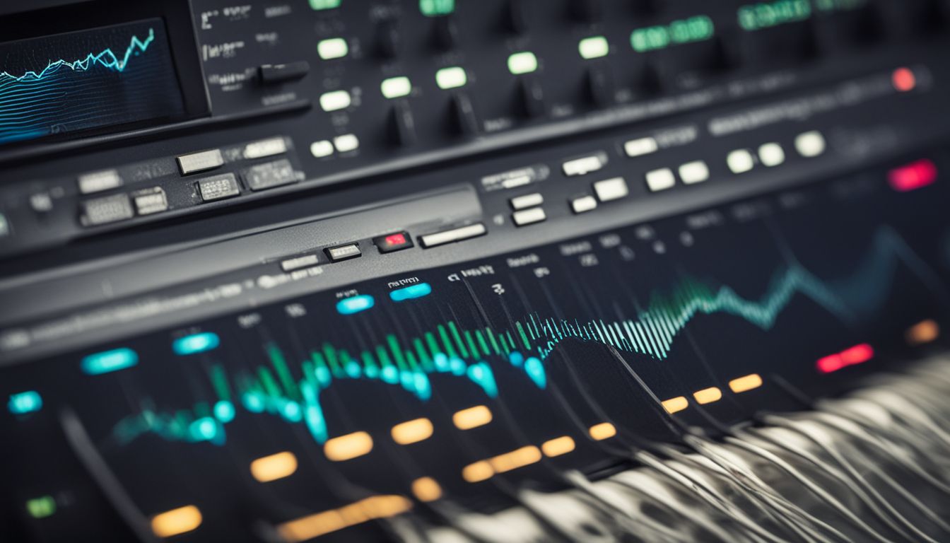 A digital audio waveform with colorful EQ sliders and a mixing console.