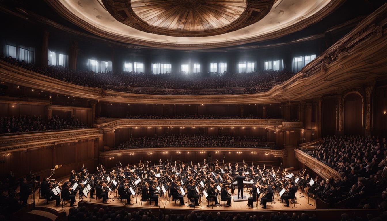 A vibrant symphony orchestra concert in a grand hall.