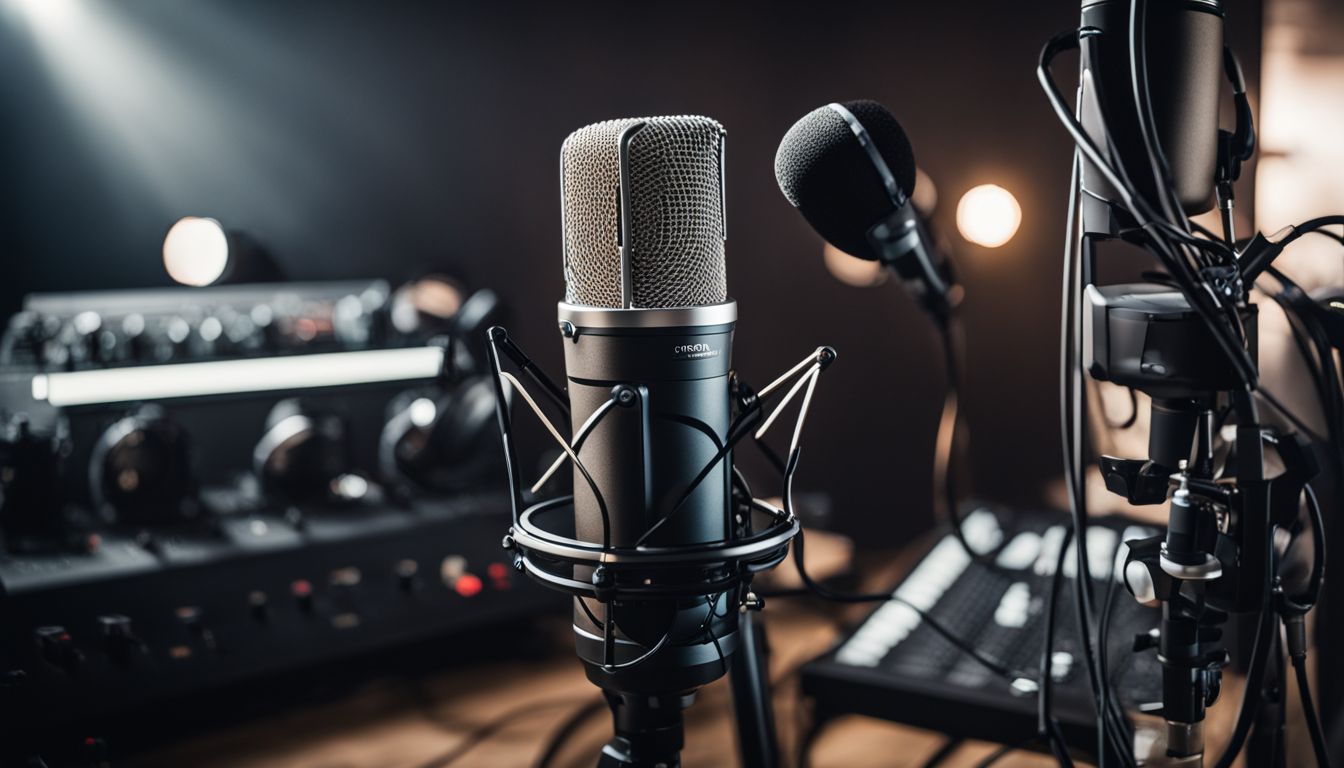 A photo of a professional microphone surrounded by sound equipment and cables.