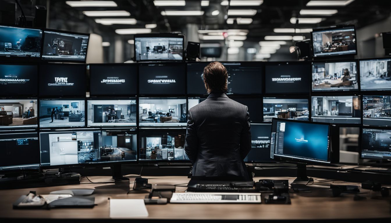 An investigator analyzes surveillance footage on multiple computer screens surrounded by monitors displaying video feeds.