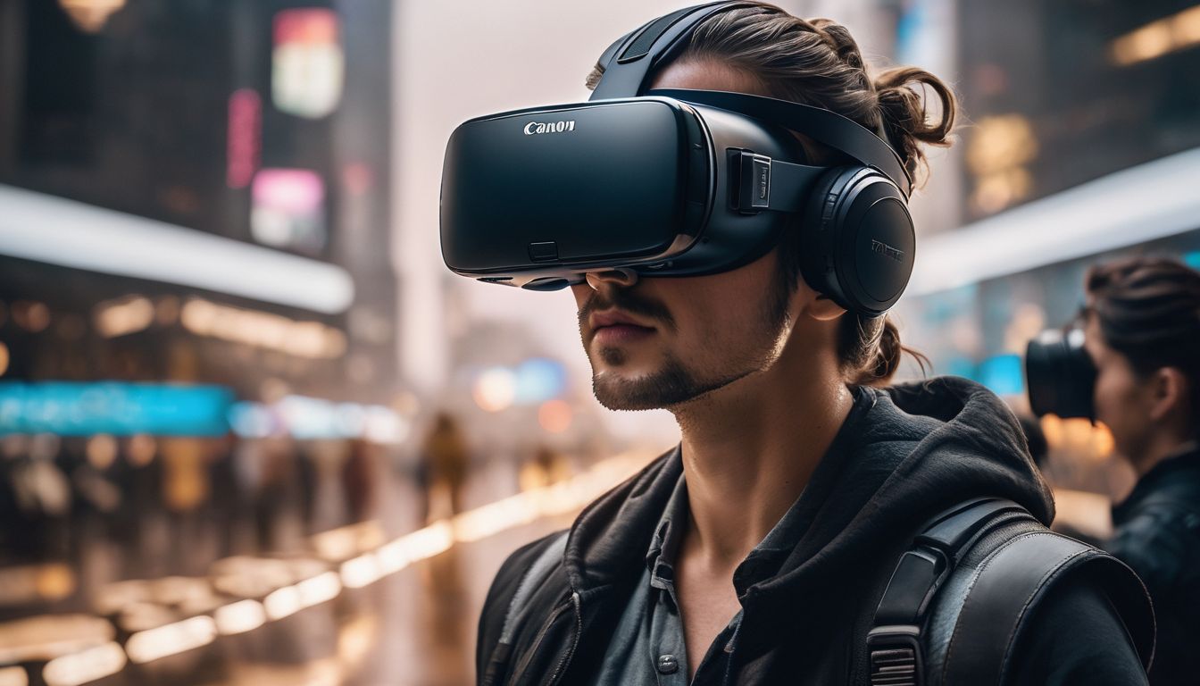 A person using virtual reality goggles in a futuristic environment.