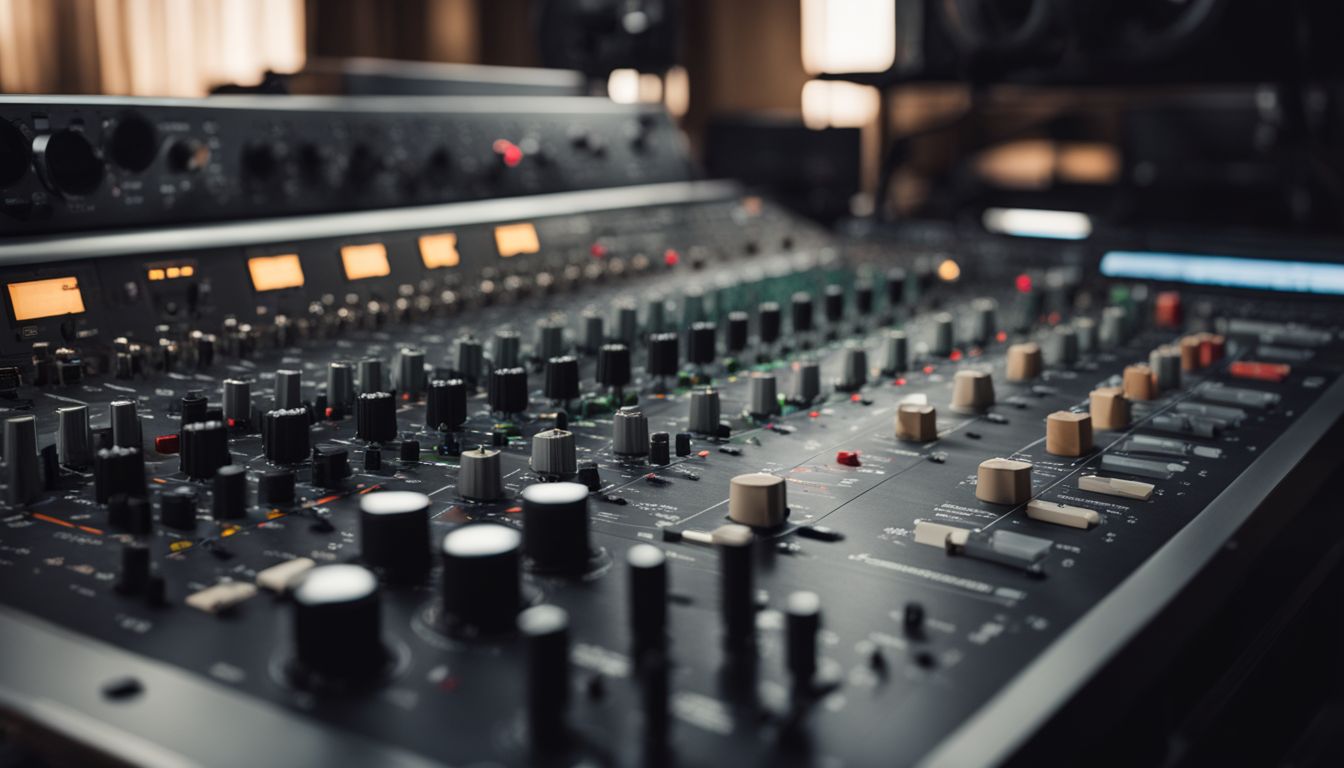 A photo of an audio mixer surrounded by studio equipment.