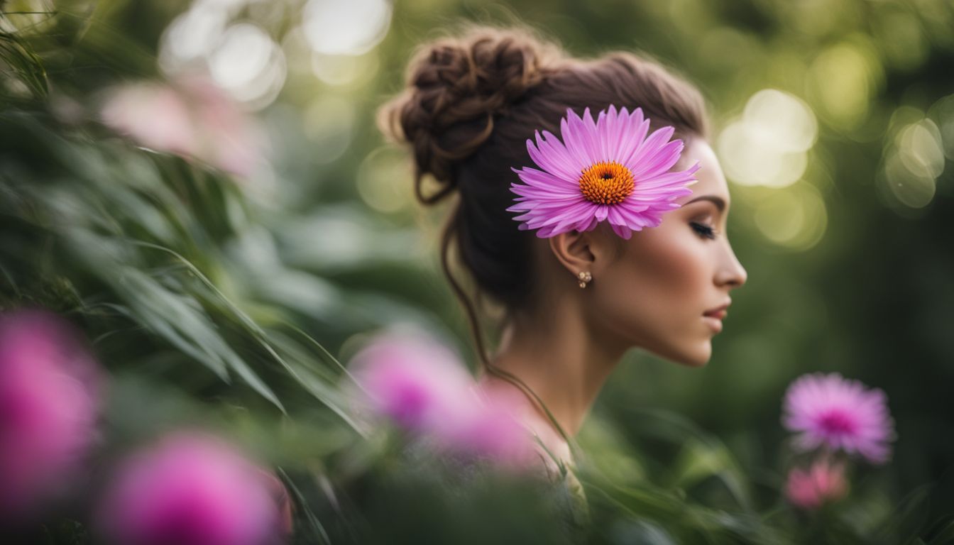 Vibrant flower surrounded by diverse people in different styles and outfits.