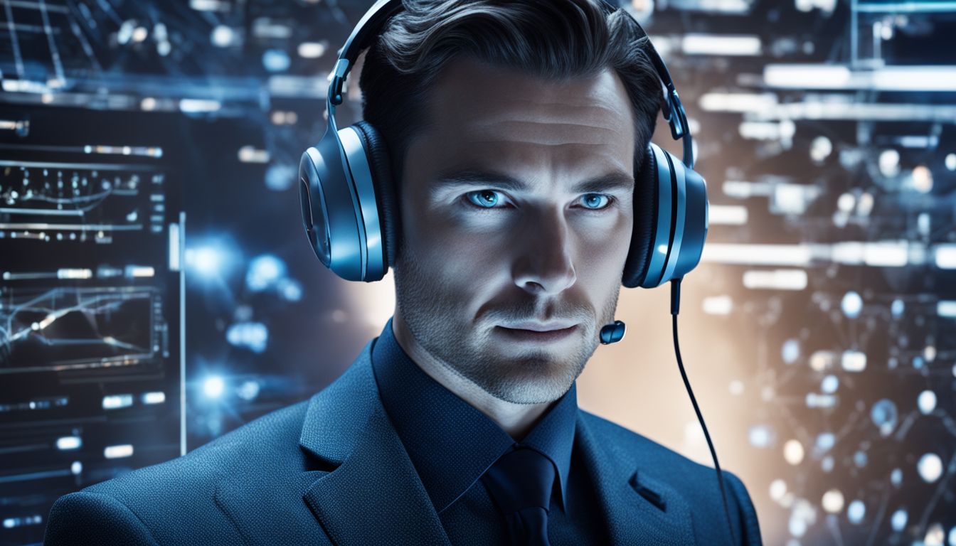 A businessman surrounded by futuristic technology wearing a headset.