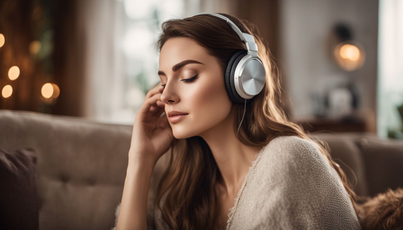 A woman enjoying music with closed eyes in a cozy living room.