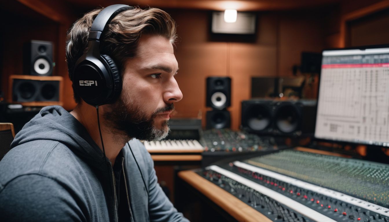 A Caucasian sound engineer in a recording studio surrounded by equipment.
