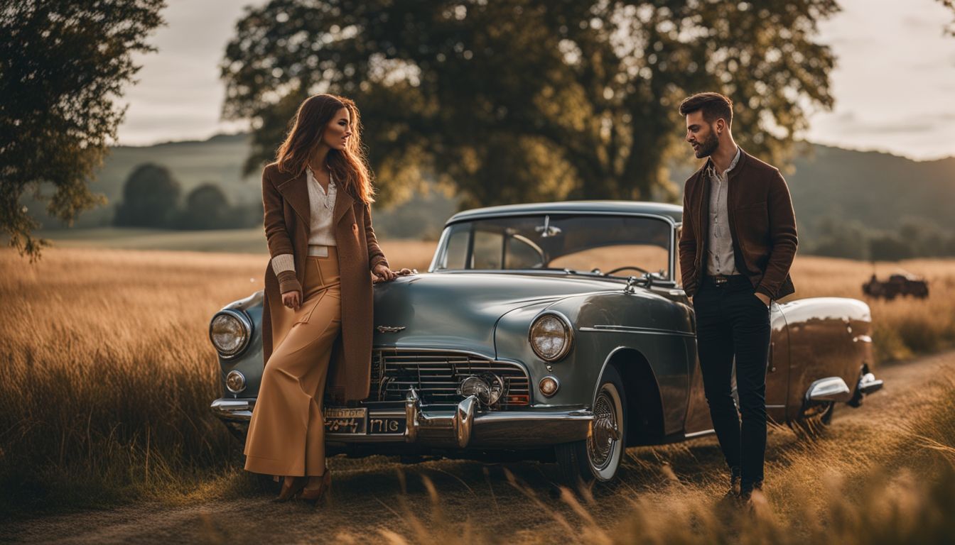 A couple stands next to a vintage car in a scenic countryside.