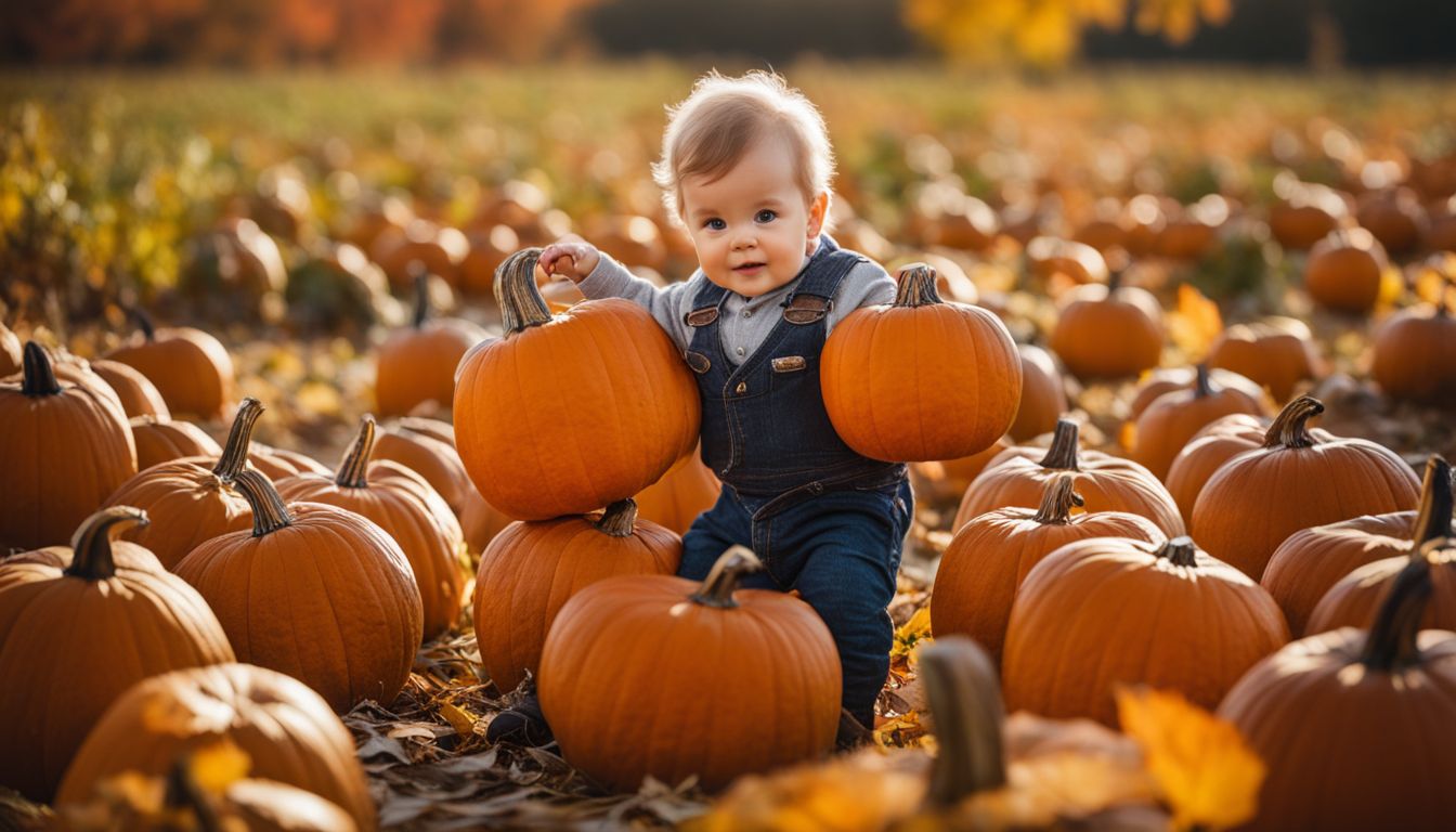 A baby boy in a pumpkin patch surrounded by fall leaves.