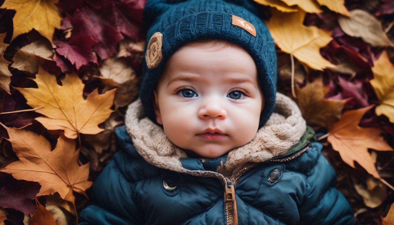 A Caucasian baby in autumn leaves, captured in beautiful detail.