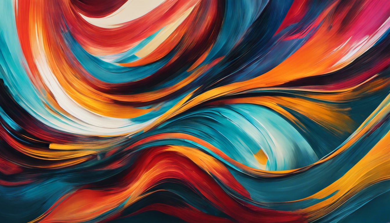 Summary: An energetic and vibrant abstract painting on a gallery wall, capturing movement, emotion, and nature with contrasting colors and textures.