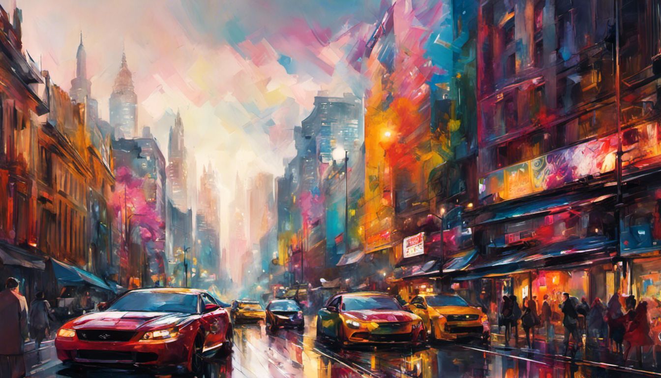 Colorful abstract artwork displayed in a gallery with a cityscape background, representing urban life and diversity.
