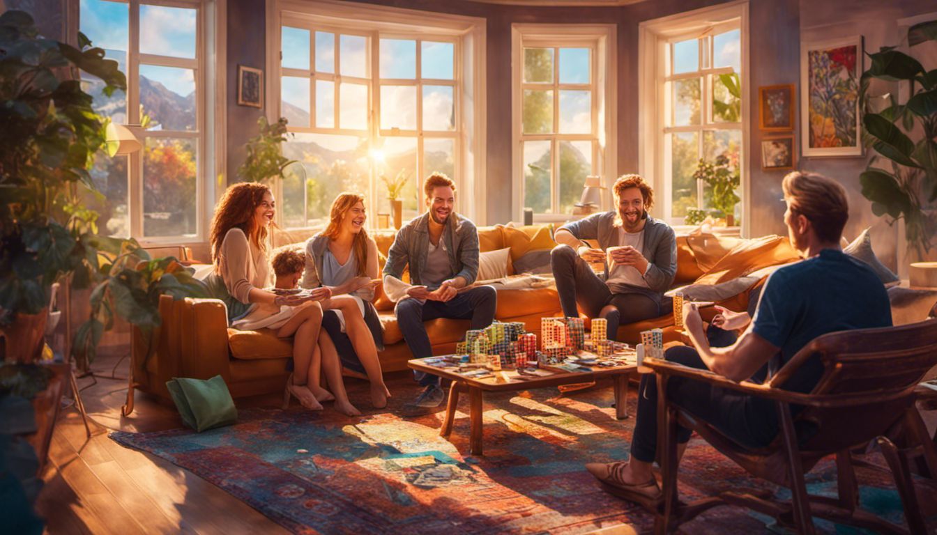 A diverse group of friends having a lively game night in a modern living room filled with board games and laughter.
