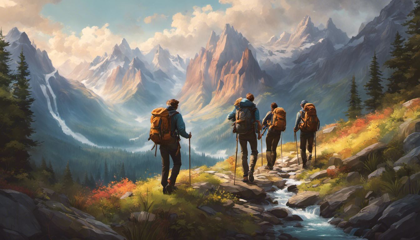 A group of friends hiking in a majestic mountain range, showcasing adventure, camaraderie, and stunning natural beauty.