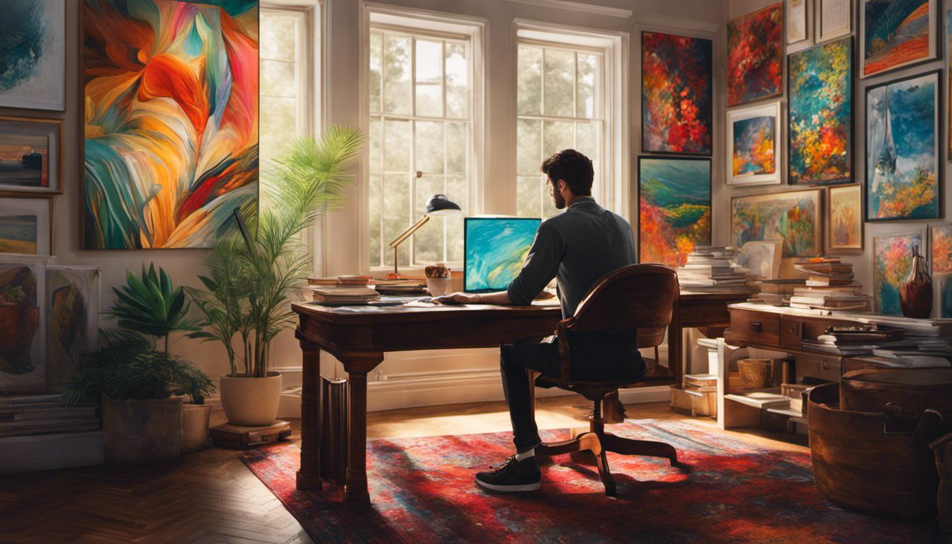A person is comparing different art prints at a desk, surrounded by vibrant and detailed wall art options.
