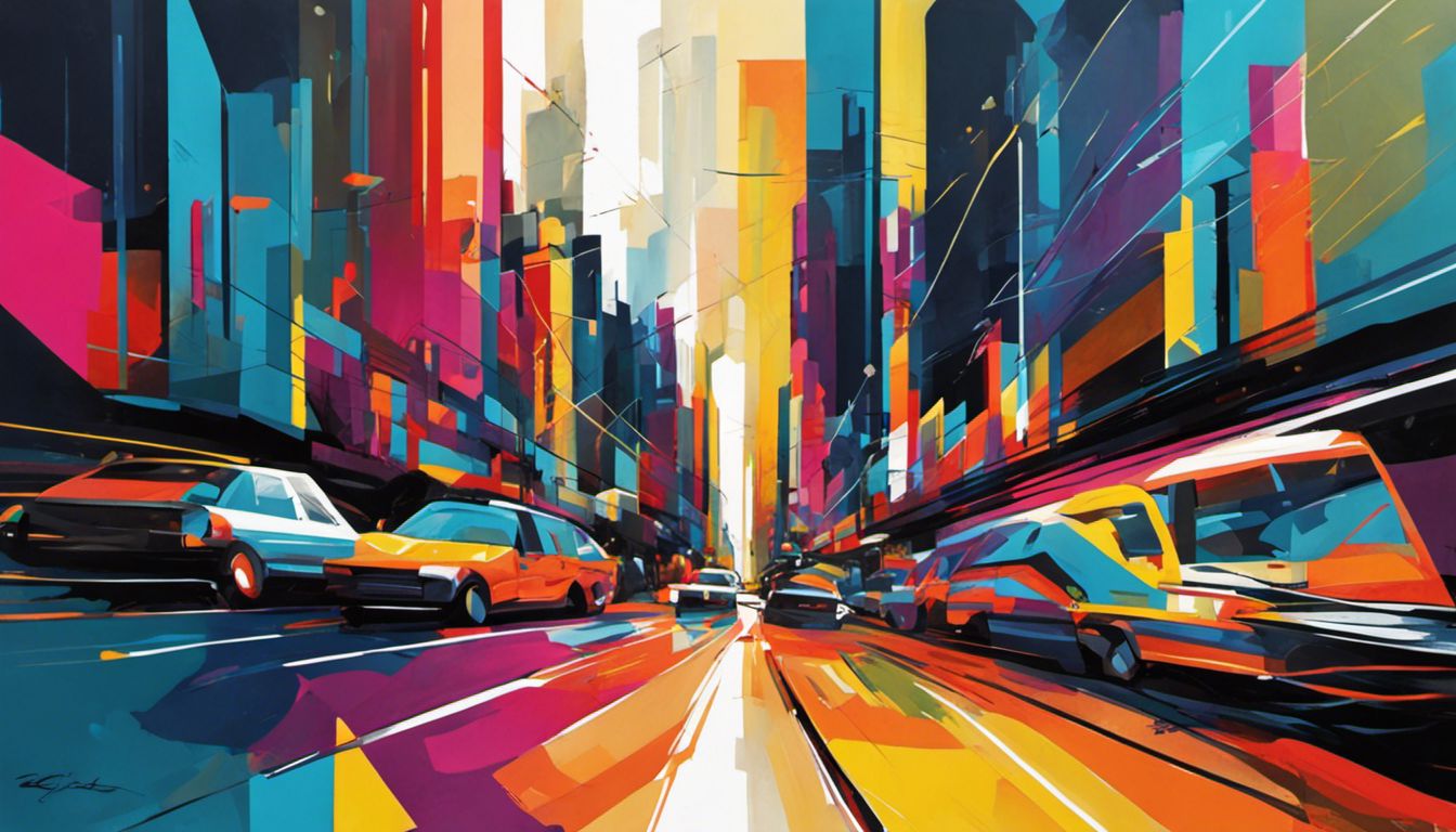 Abstract painting with vibrant colors and geometric shapes resembling a bustling cityscape, conveying energy and excitement.
