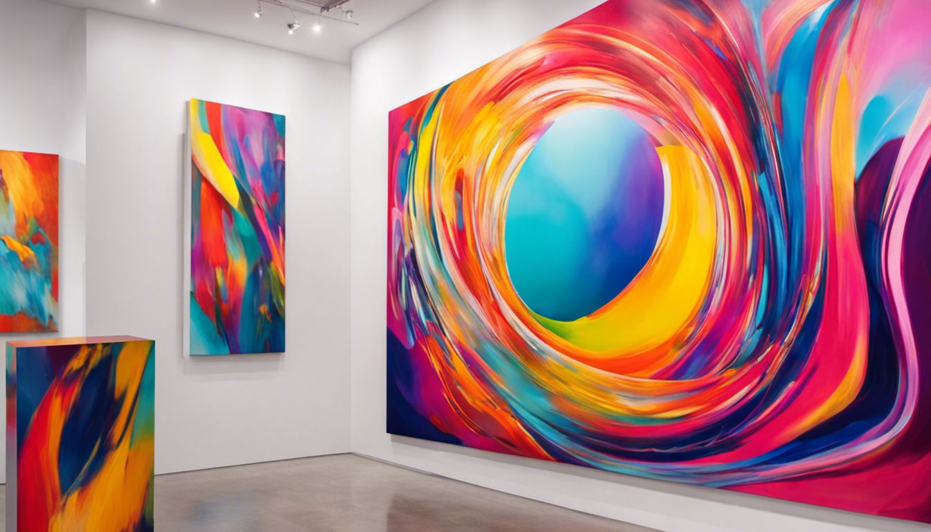 Abstract artwork in a contemporary gallery, showcasing vibrant colors and dynamic shapes, inviting deeper interpretation and connection.