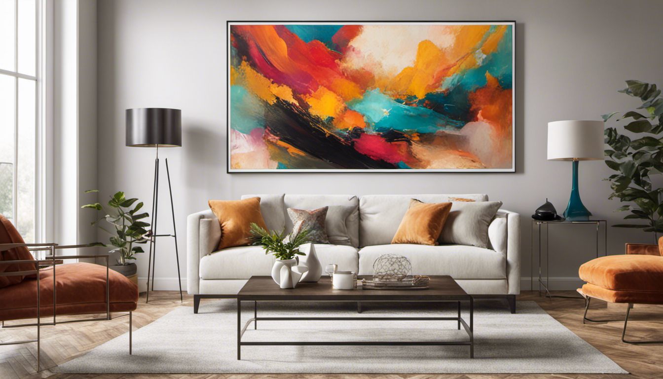 A colorful abstract painting highlights a contemporary living room, featuring modern furniture and stylish decor.