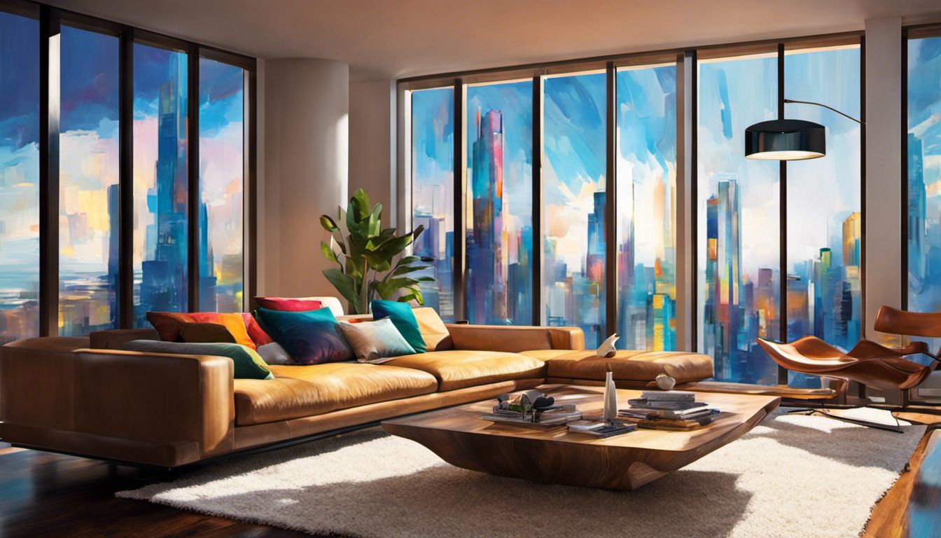 A contemporary living room with a colorful abstract painting and cityscape photography, creating a sophisticated and artistic ambiance.