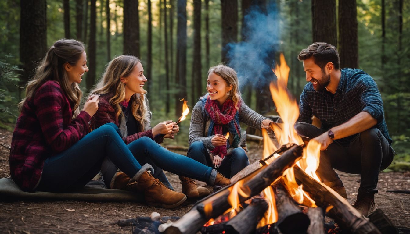 A diverse family enjoys roasting marshmallows by a campfire in nature.