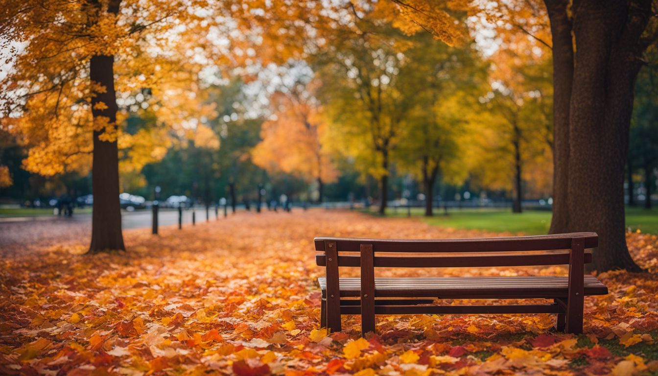 Colorful fall leaves surrounding a bench in a busy park.