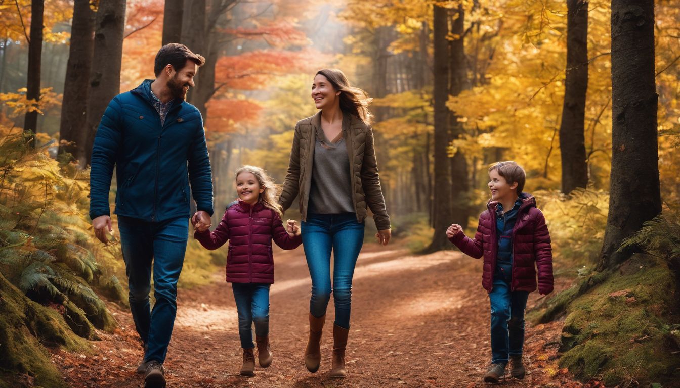 A Caucasian family of three walking through a colorful autumn forest.