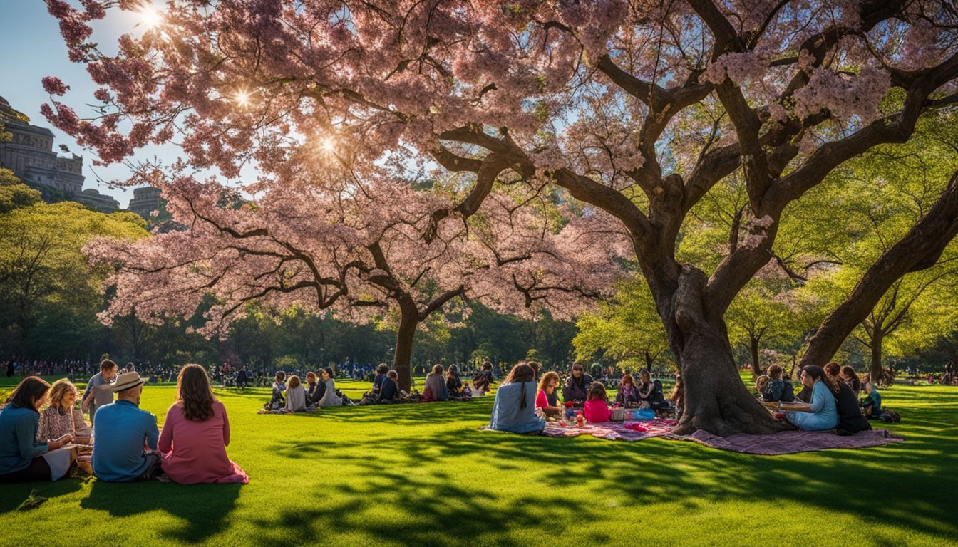 Visitors enjoying a picnic under a blossoming tree in vibrant gardens.