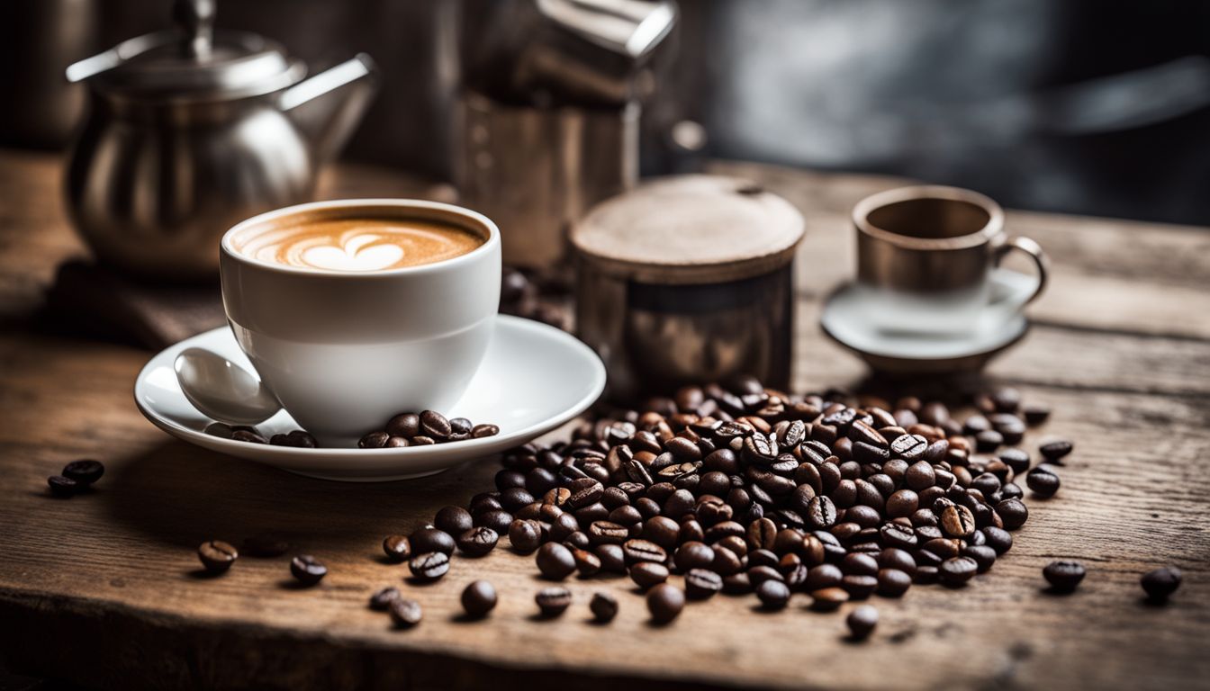 A photo of a coffee cup and beans on a wooden table, with diverse people and styling.