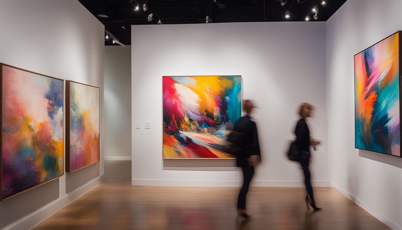 Abstract painting in contemporary gallery with diverse faces, outfits, and hair styles.