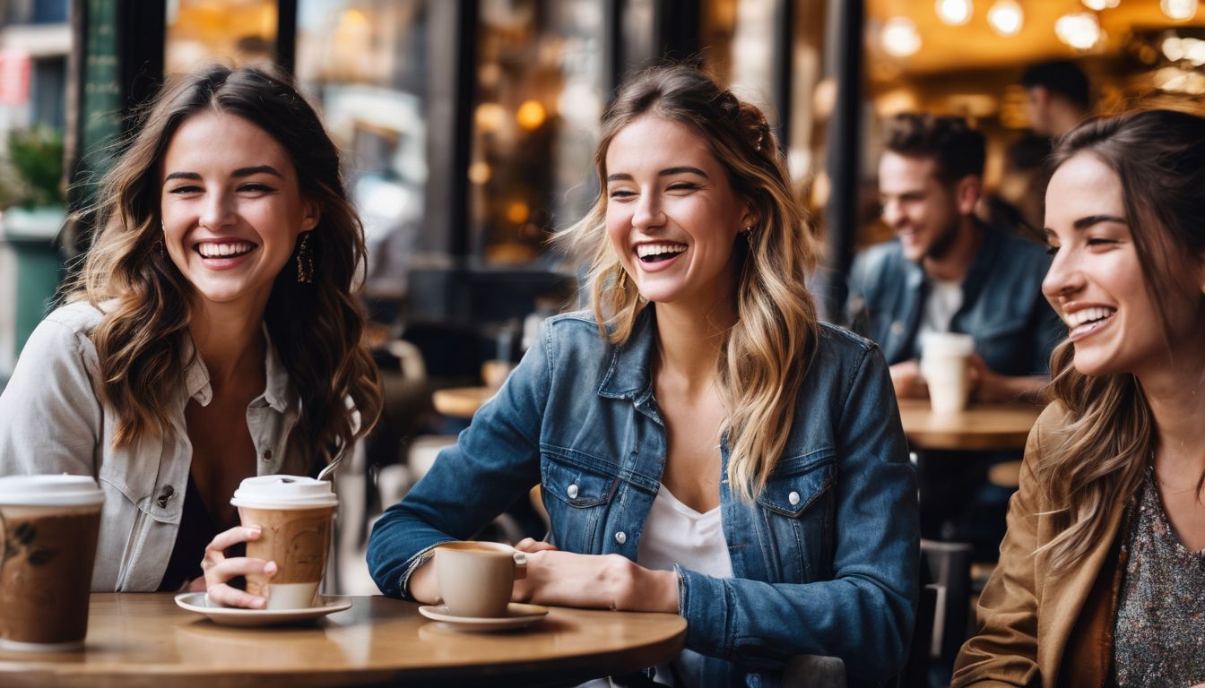 Friends laughing and enjoying coffee in a bustling melbourne cafe.
