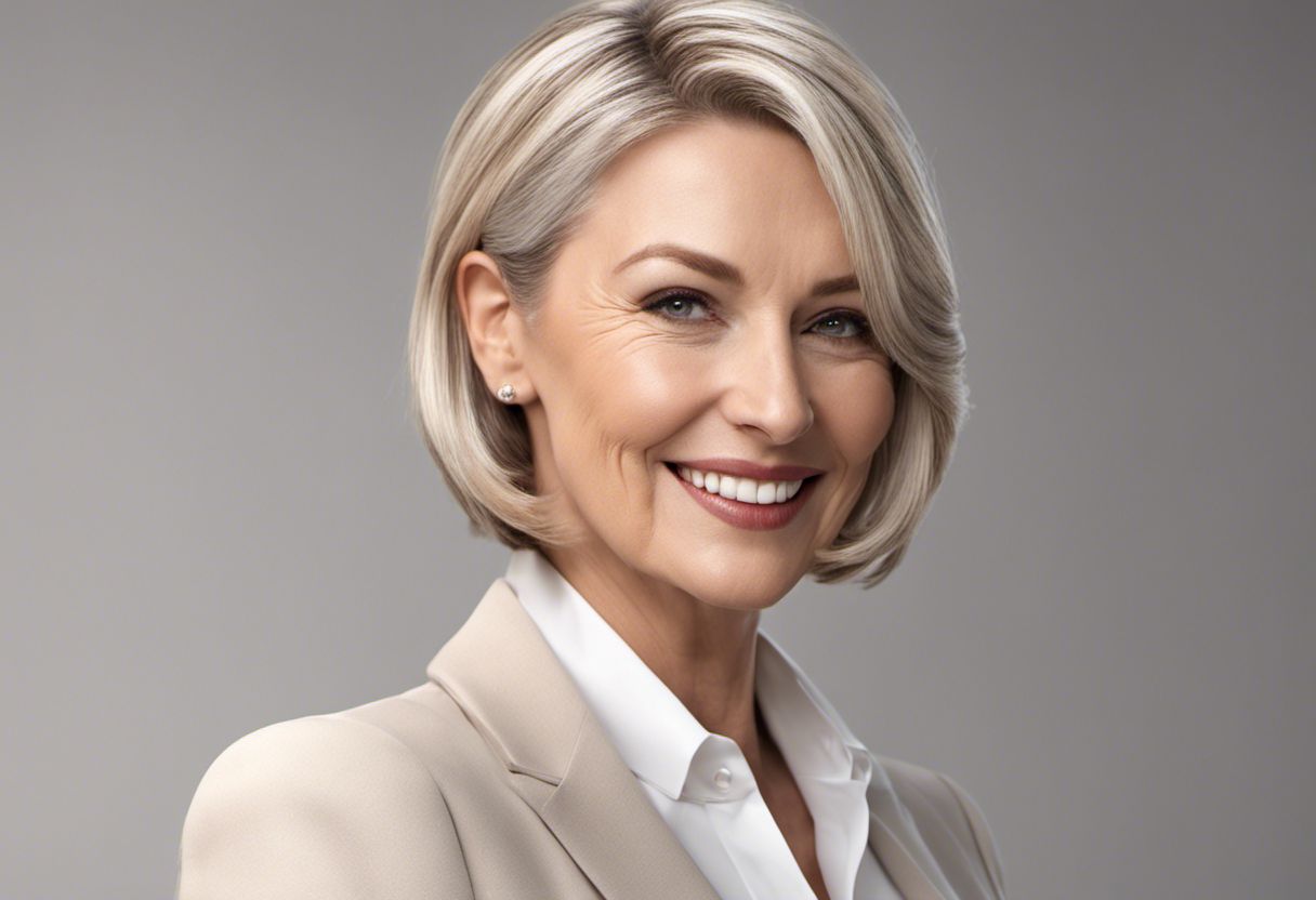 Elegant, confident Caucasian woman with a stylish bob hairstyle and radiant smile.