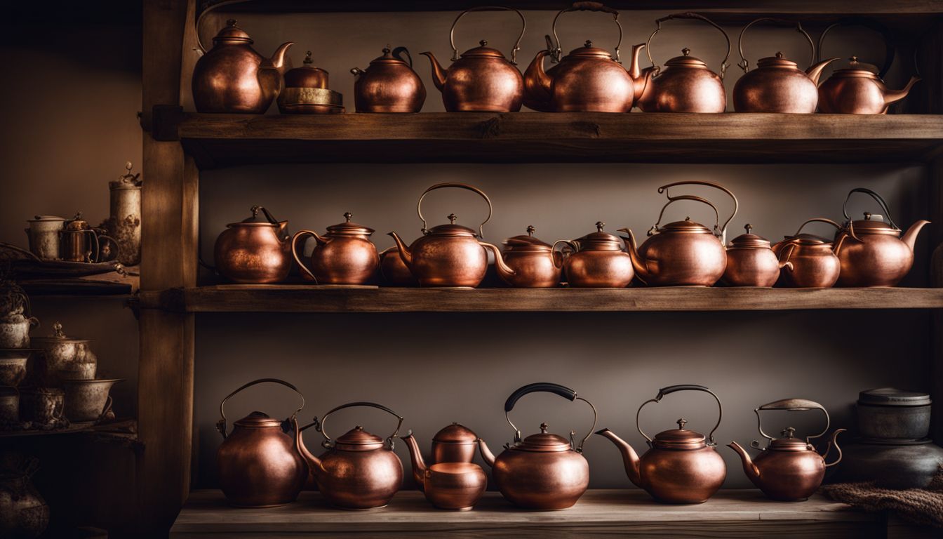 A shelve of tea kettles