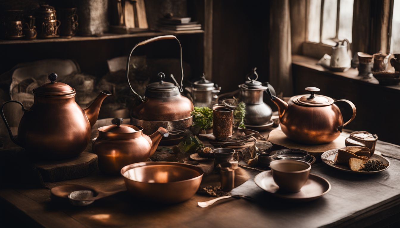 A table full of copper cups, bowls and tea kettle