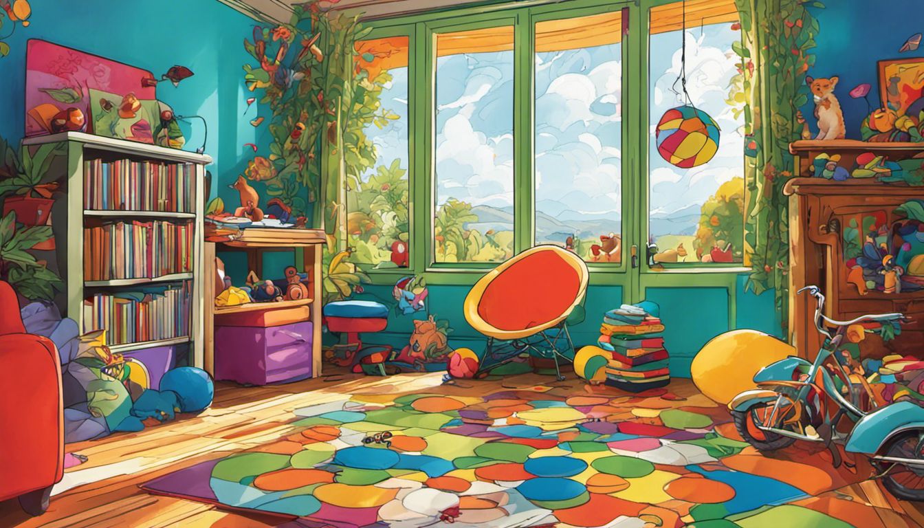 A playful and vibrant toy-filled room with a view of a garden.