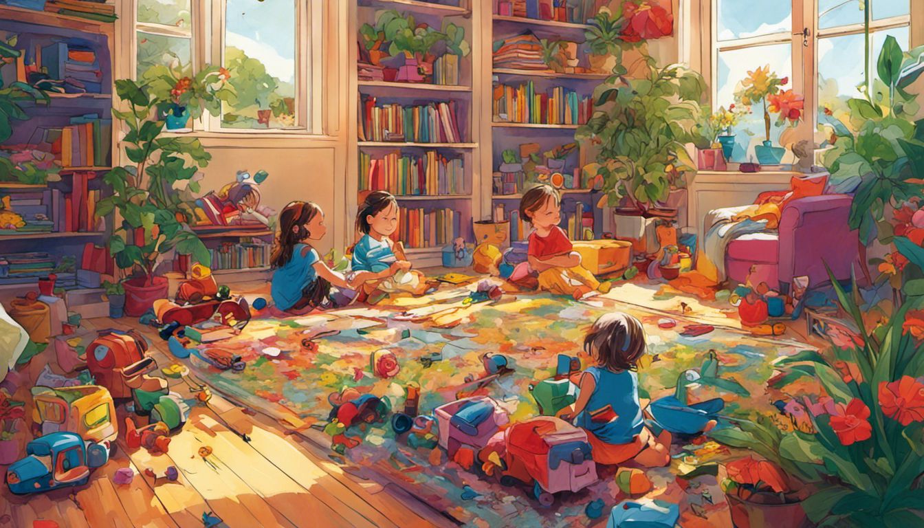 Children playing with colorful toys on a carpeted floor surrounded by plants.