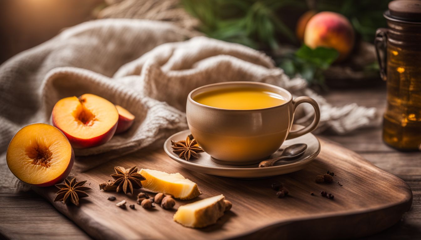 A photo of a cup of Ginger Peach Turmeric Tea and fruits.