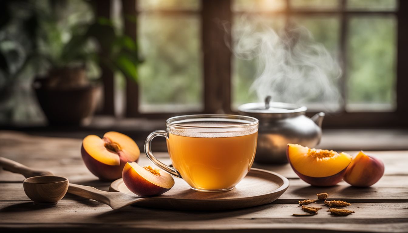 A photo of Ginger Peach Turmeric Tea with fresh ingredients and accessories.