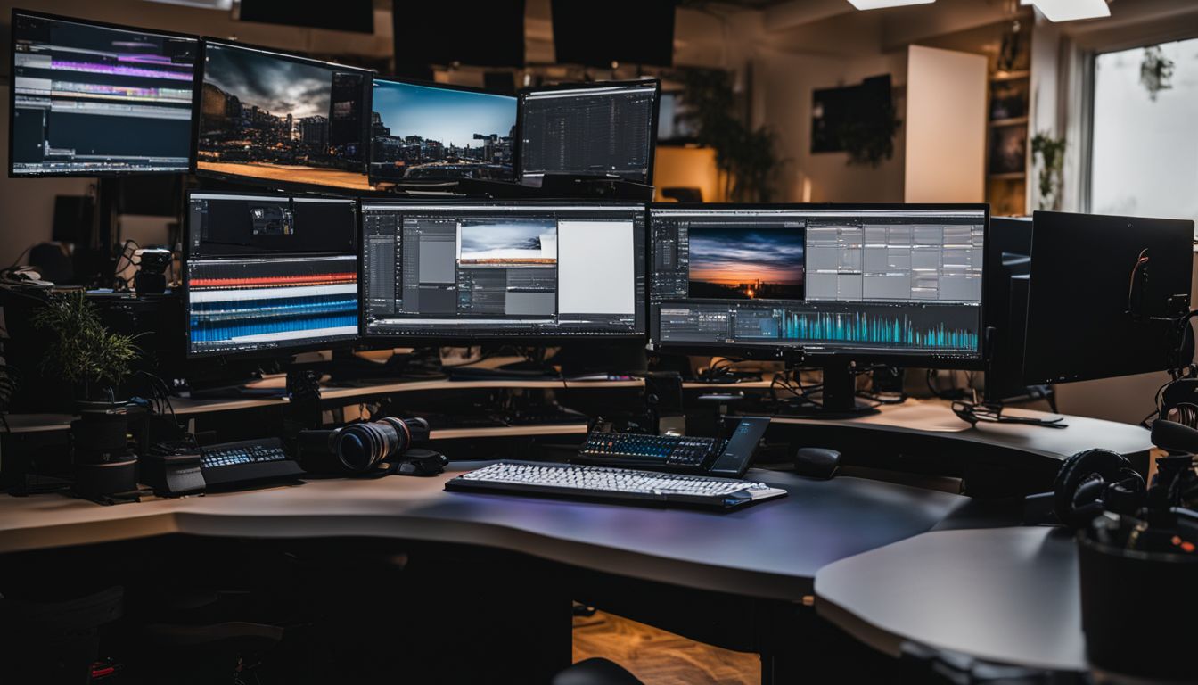 A video editing desk with multiple computer screens and editing software.