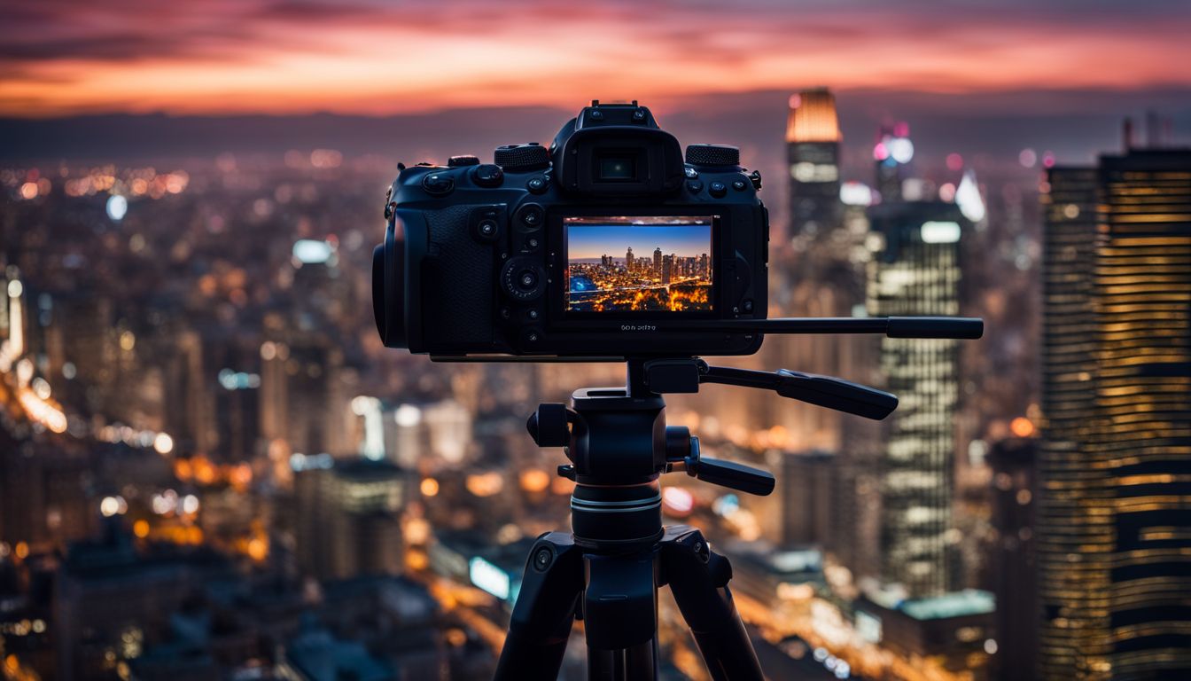 A high-tech video camera captures vibrant cityscape at night.