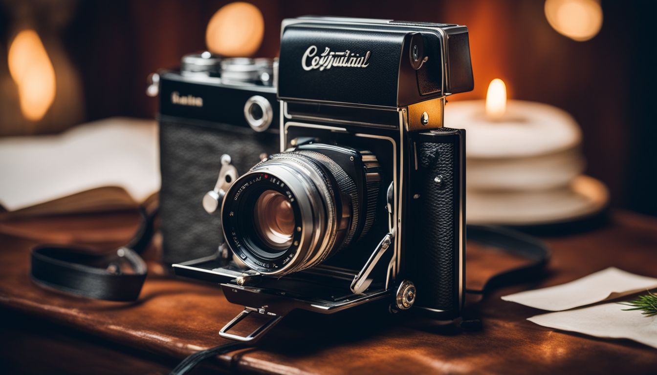 Photo of vintage camera, diverse people with unique styles in well-lit setting.