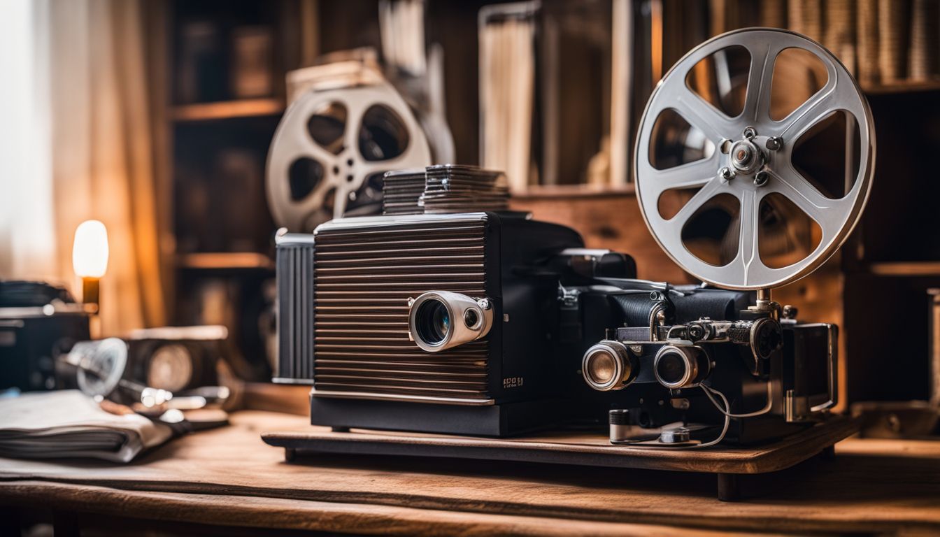 A vintage projector with film reels and cinematic memorabilia on a table.
