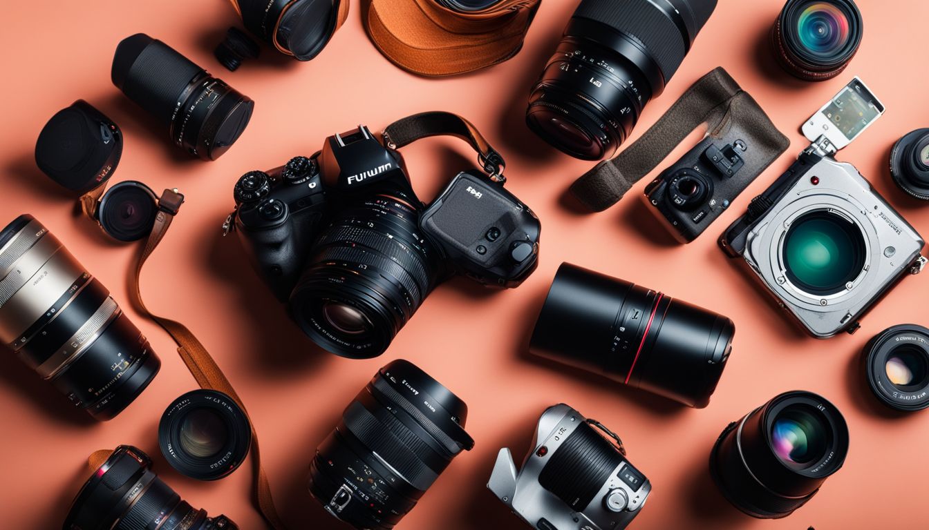 A vibrant still life photo of various camera accessories and people.