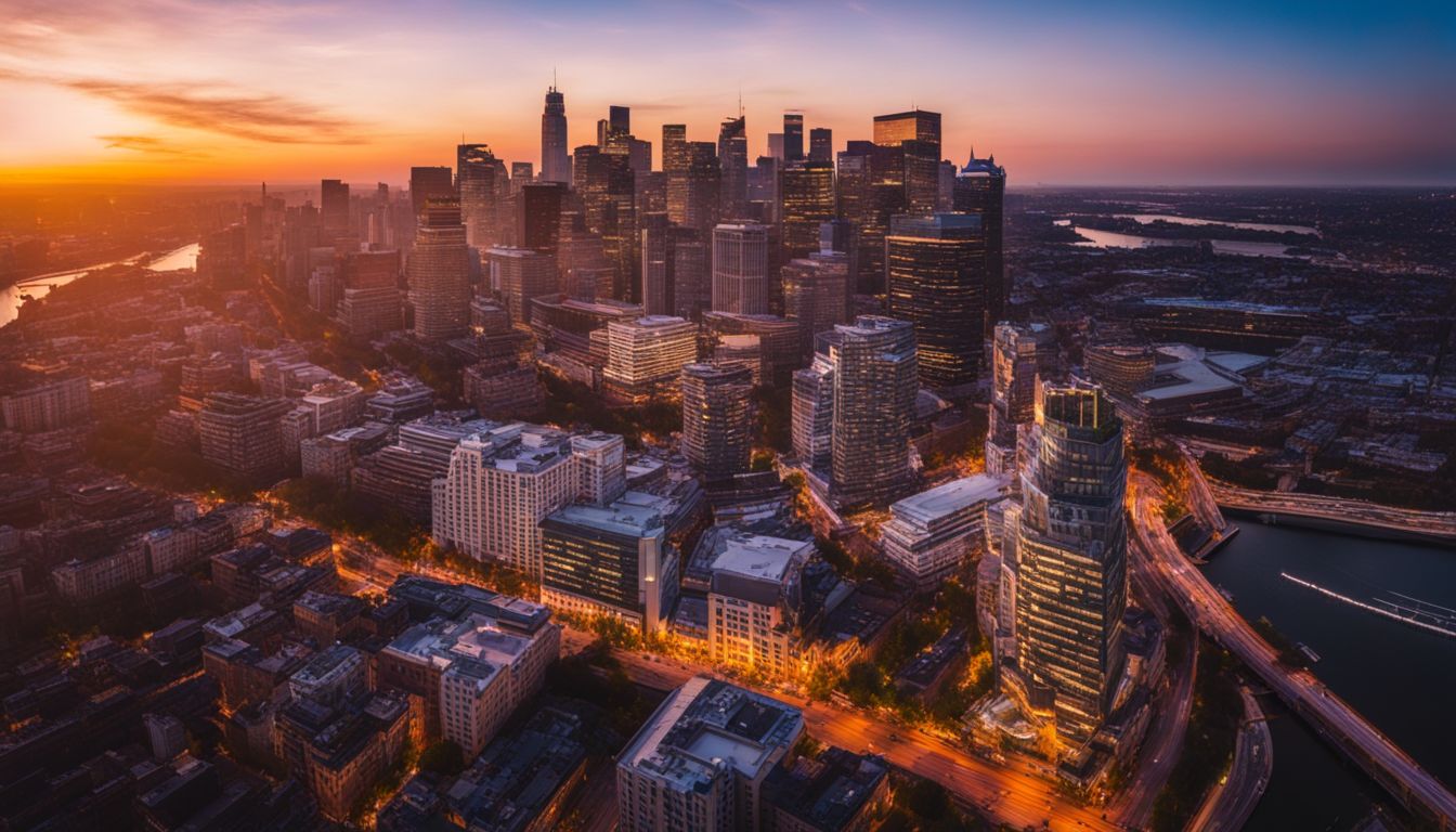 A drone captures aerial footage of a city skyline at sunset.