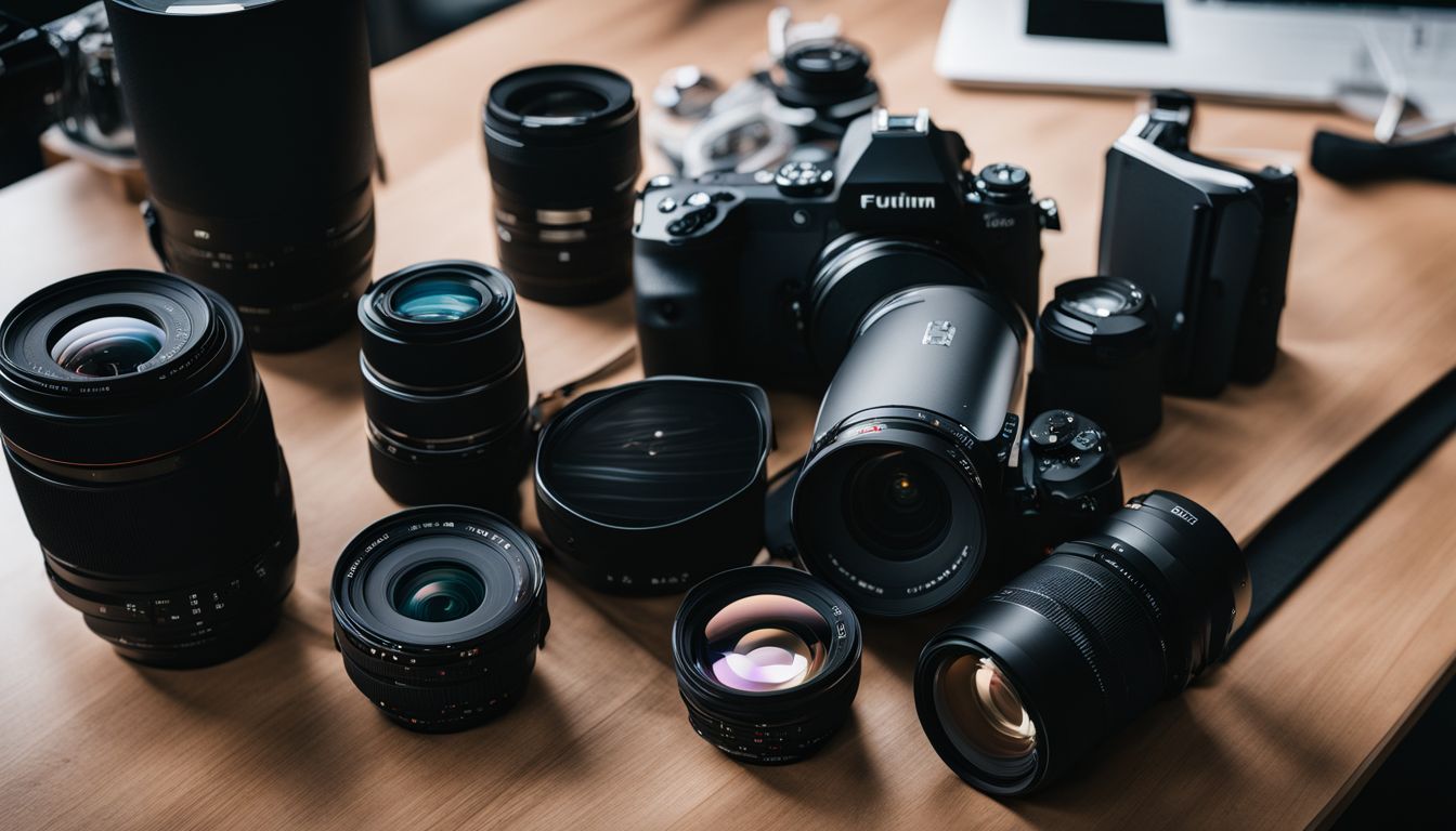 A photo of videography equipment on a desk with a camera lens.