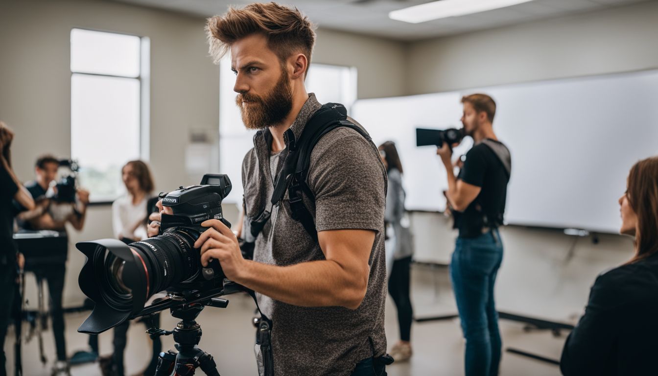 A videographer in a classroom with diverse people and equipment.