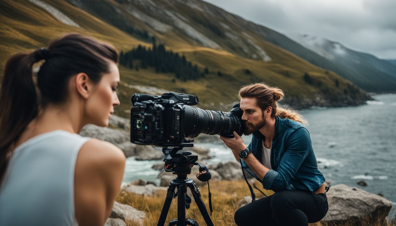 A videographer capturing picturesque landscapes with different faces and outfits.