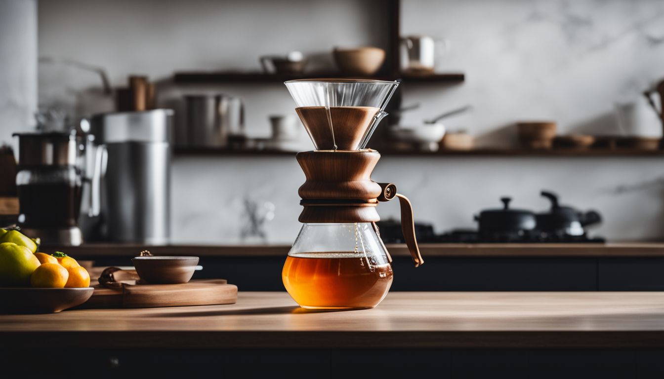An elegant Chemex coffee maker on a minimalist kitchen countertop.