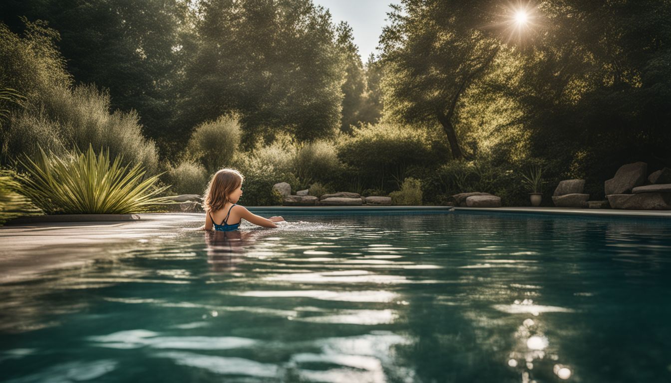 A child safety pool cover in a serene backyard pool.