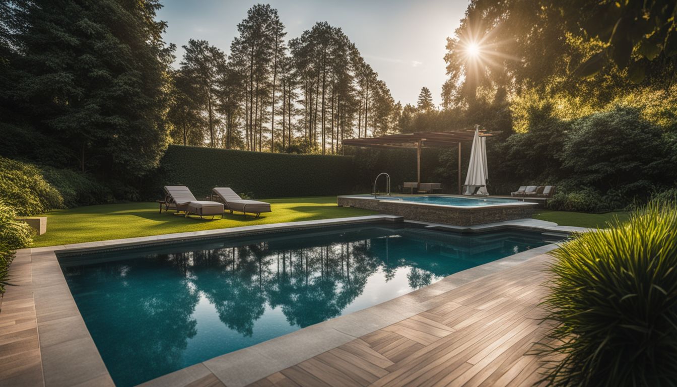 A beautiful swimming pool surrounded by a lush backyard landscape.