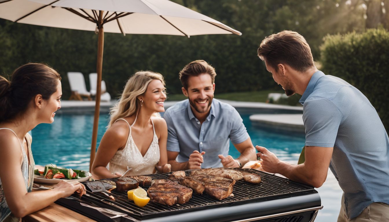 A diverse family enjoying a poolside barbecue with a safety cover.