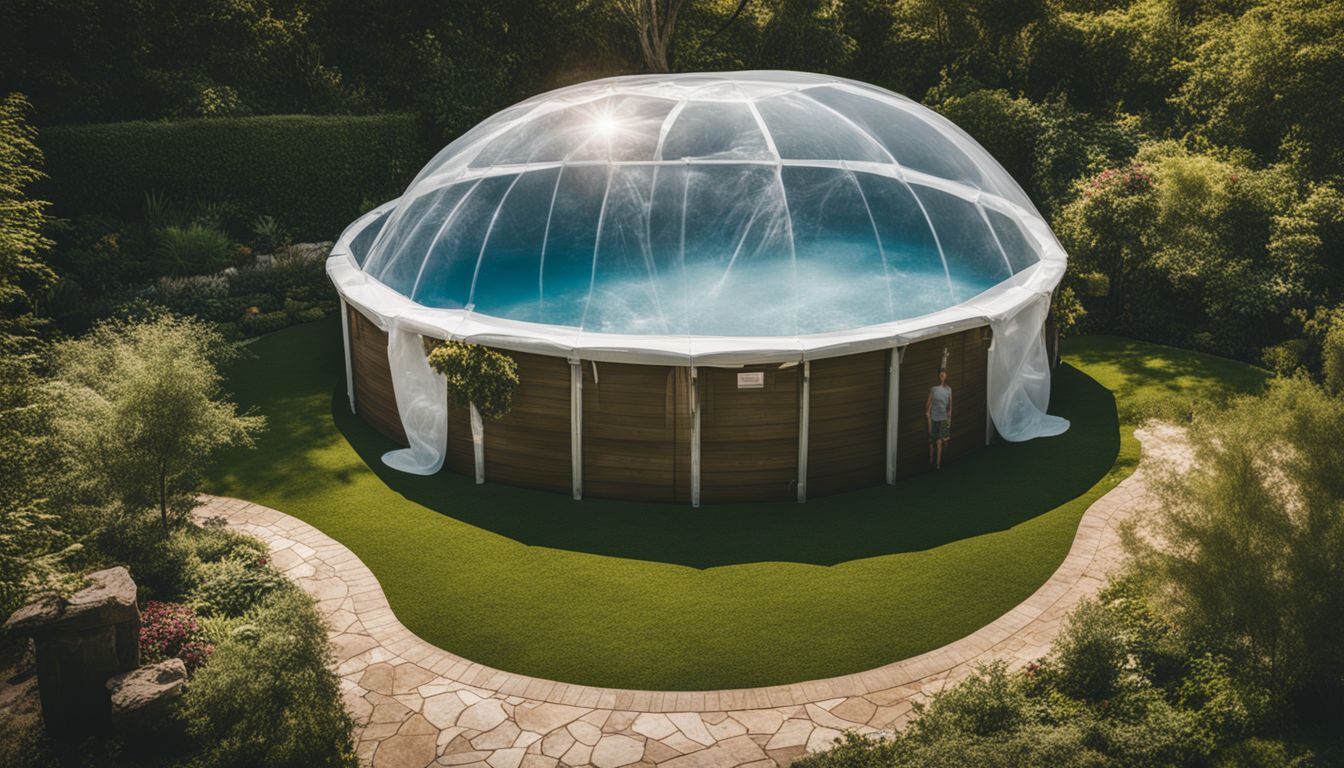 A pool covered with bubble wrap, surrounded by a beautiful garden.